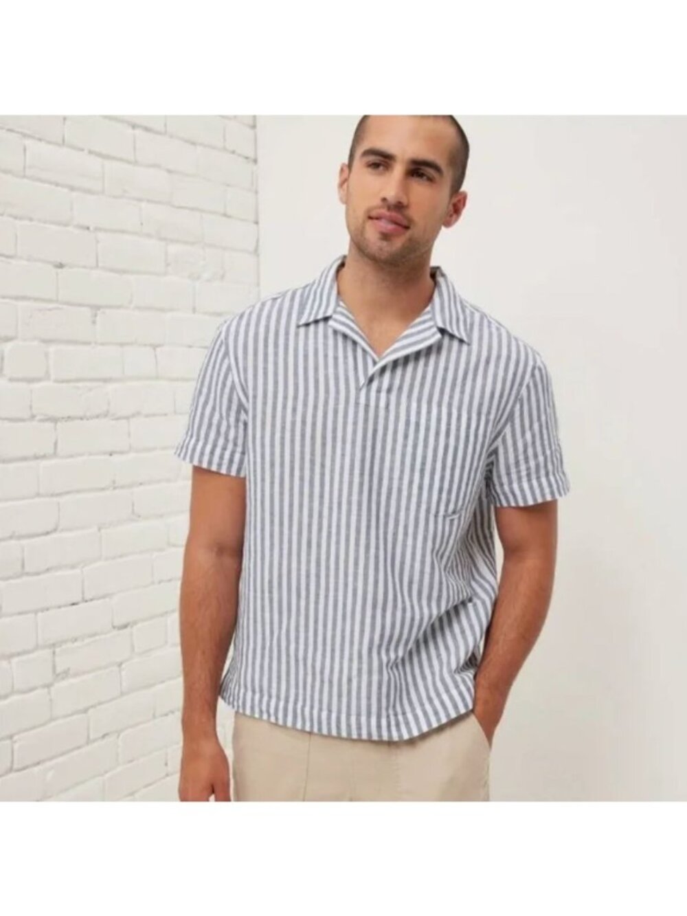 UpWest Mens Beachweave Camp Collar Blue Striped Linen Cotton Popover Shirt L